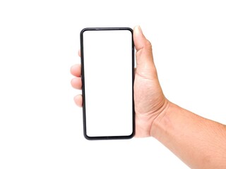 Male hand holding a white screen on a white background. business concept.