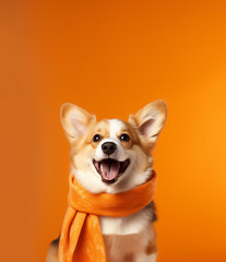 Corgi dog with orange scarf on orange background