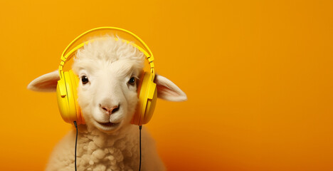 Funny sheep in headphones listening to a podcast or music on a yellow background