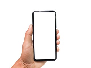 Male hand holding a white screen on a white background. business concept.