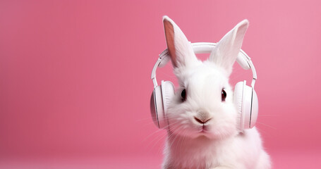 White bunny in headphones on a pink background