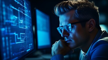 A man wearing glasses concentrating on a computer screen