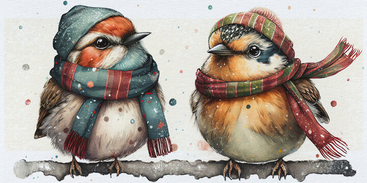 Christmas birds in hats and scarves in winter snow, cute illustration with hand  painted touches. Watercolor pencils effect. Adorable little holiday two Robin friends birds. Mobile web funny clip Art 