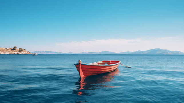wooden red boat in the blue sea, mountains and nature in the distance and blue cloudless sky