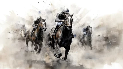 Foto op Canvas horse racing in the fog. horse racing sketch. horse racing tournament. equestrian sport. illustration of ink paints. © StraSyP BG