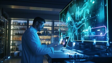 A scientist analyzing data on a computer screen in a laboratory