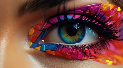 A mesmerizing close-up of a woman's eye adorned with vibrant and artistic makeup - obrazy, fototapety, plakaty