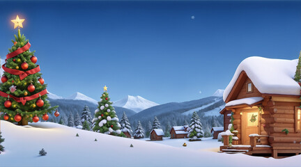 Fototapeta premium Christmas scene with Christmas tree beside wooden house and snowy hill