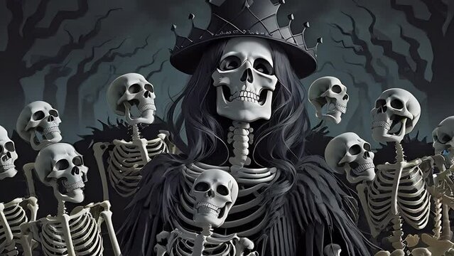 Undead queen with an army of skeletons, surrealistic animation. Dead queen with skeleton soldiers illustrations, transformations and metamorphose. AI generated video