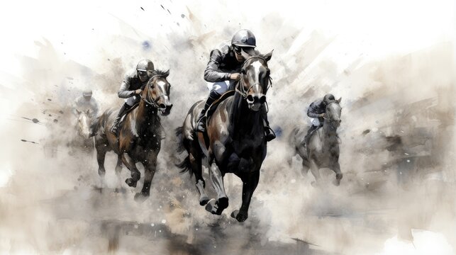 horse racing in the fog. horse racing sketch. horse racing tournament. equestrian sport. illustration of ink paints. © StraSyP BG