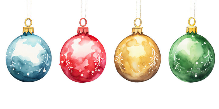 Watercolor christmas balls for decorations on white background, christmas Ornaments, decoration elements for invitation greeting card, flayer, story book and fairy tail