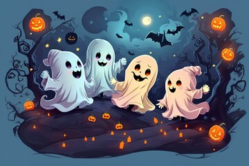 Obraz premium The Cute ghost with friend pumpkin and bats in Halloween