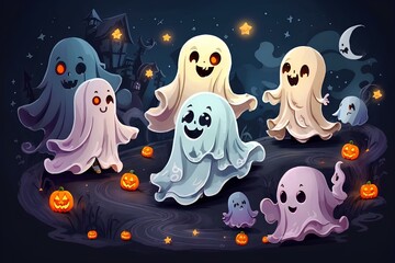 Obraz premium The Cute ghost with friend pumpkin and bats in Halloween