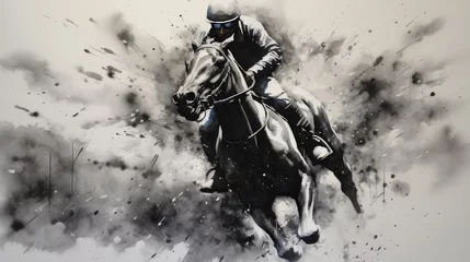 Foto op Canvas person riding a horse. horse racing sketch. horse racing tournament. equestrian sport. illustration of ink paints. © StraSyP BG