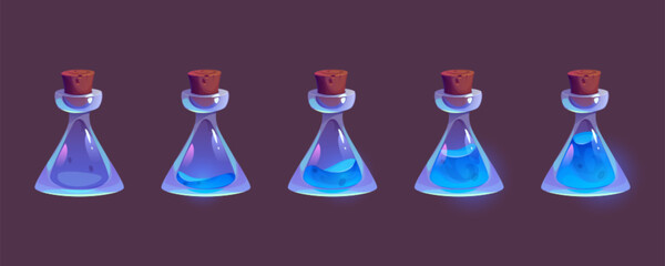Glass bottles with blue magic elixir isolated on background. Vector cartoon illustration of corked alchemy lab flasks, empty or filled with neon liquid substance, water, medicine, poison antidote