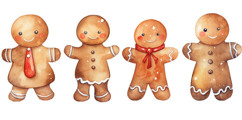 Set of watercolor characters isolated on white background. ginger breads on winter custume for chtistmas decorations