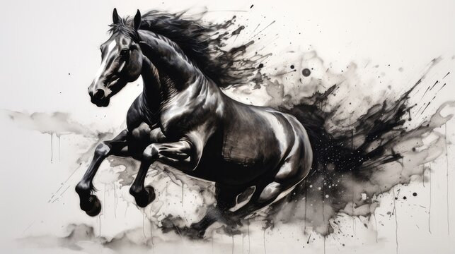 horse on white background. horse racing sketch. horse racing tournament. equestrian sport. illustration of ink paints.