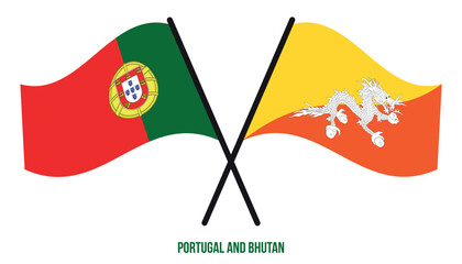 Portugal and Bhutan Flags Crossed And Waving Flat Style. Official Proportion. Correct Colors.