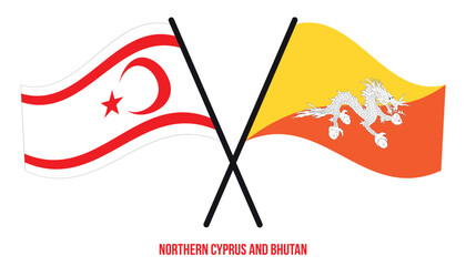 Northern Cyprus and Bhutan Flags Crossed And Waving Flat Style. Official Proportion. Correct Colors.