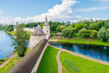 View of the Pskov Kremlin (Krom) and the confluence of the rivers Pskov and Velikaya, Pskov, Russia