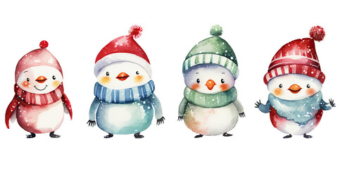 Set of watercolor penguin characters isolated on white background. cute penguins on winter snow custume for chtistmas decorations, kids decorative elements for christmas backgrounds