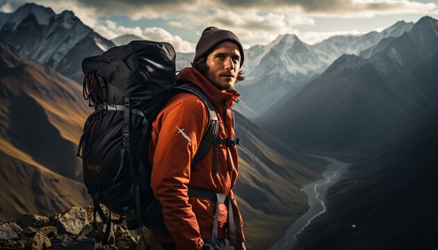 A hiker standing proudly on a majestic mountain summit