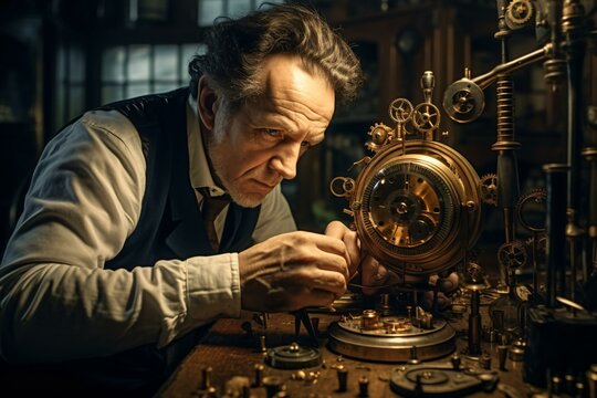 A skilled craftsman repairing a clock in a well-lit workshop