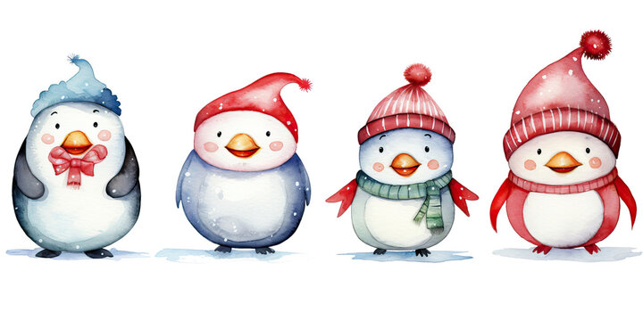 Set of watercolor penguin characters isolated on white background. cute penguins on winter snow costume for Christmas decorations, kids story book