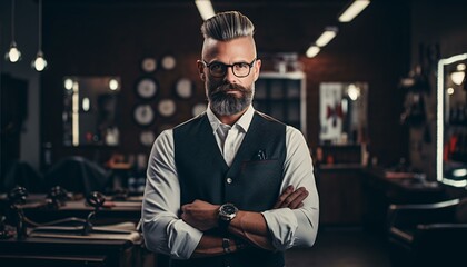 A bearded man with glasses in a traditional barber shop