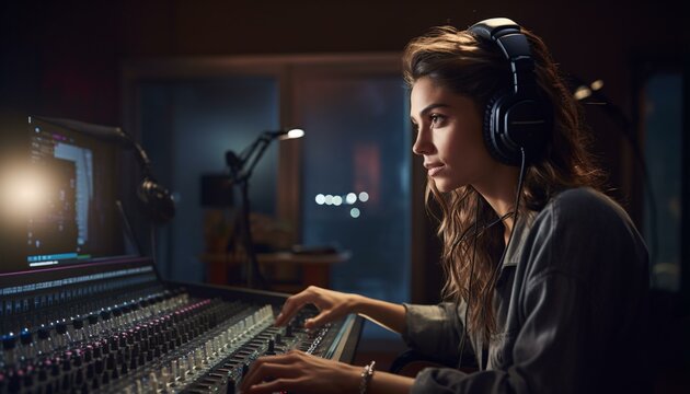 A woman with headphones at a mixing desk, creating music in a studio
