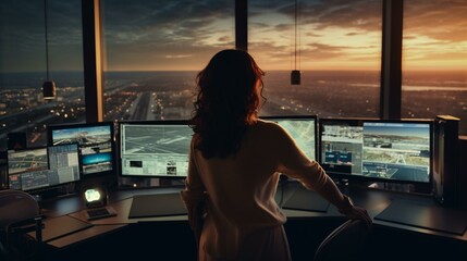 A woman standing in front of three computer monitors