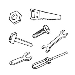 Vector handdrawn construction tools: saw, hammer, screws, screwdriver, nut, wrench. Great element for design.