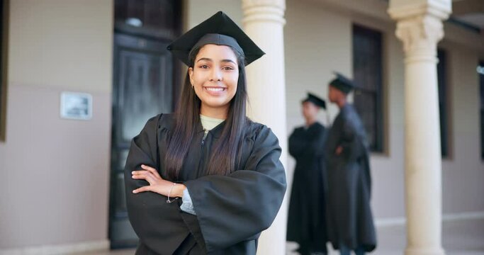 University, graduate and portrait of woman with arms crossed in pride of degree, achievement and success in education. College, graduation cap and face of happy student on campus with scholarship