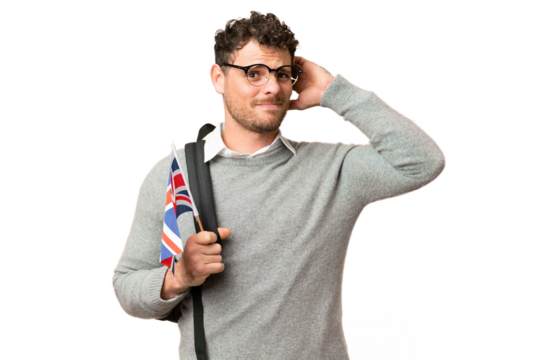Brazilian man holding an United Kingdom flag over isolated chroma key background having doubts