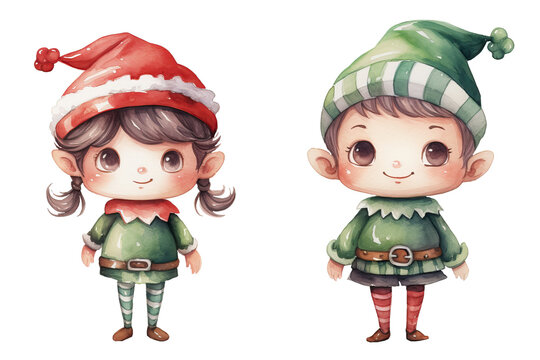 Christmas cute elves on transparent background, Set of Watercolor xmas elves isolated on white background, elves fun characters isolated for banner, flayer, poster, story book, fairy tail, invitation