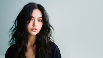 Fototapeta premium Young woman with long black straight hair, has perfect facial skin, shampoo, cosmetic advertising facial antiage lift products salon care tighten skin