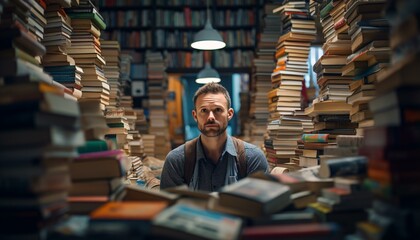 Photo of a man surrounded by a library full of books - obrazy, fototapety, plakaty