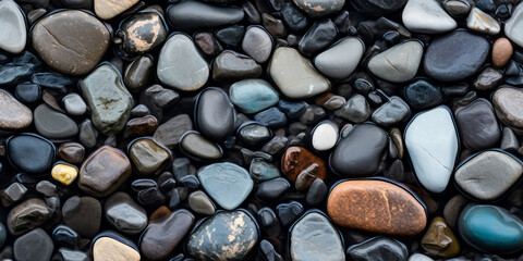 River rocks or stones in a small creek or stream with water flowing. Seamless tiled pattern. Naturally polished and rounded river pebbles create a repeating background texture. - obrazy, fototapety, plakaty