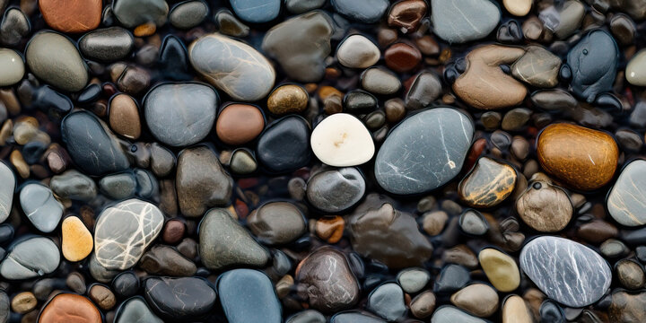 River rocks or stones in a small creek or stream with water flowing. Seamless tiled pattern. Naturally polished and rounded river pebbles create a repeating background texture.