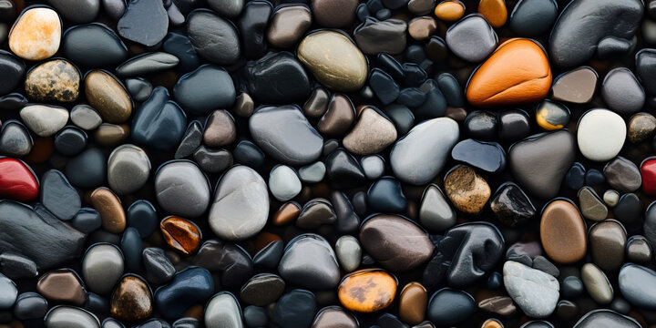 River rocks or stones in a small creek or stream with water flowing. Seamless tiled pattern. Naturally polished and rounded river pebbles create a repeating background texture.