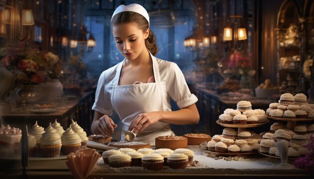 Photo of a woman preparing cupcakes in a white apron