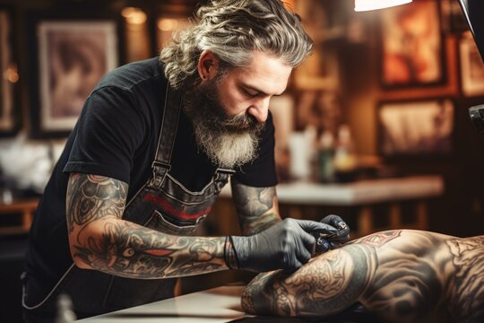 Photo of a man getting a tattoo on his arm with intricate designs