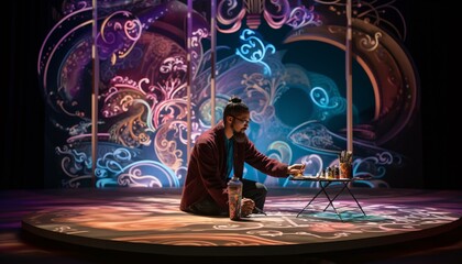 Photo of a man sitting on a stage next to a table