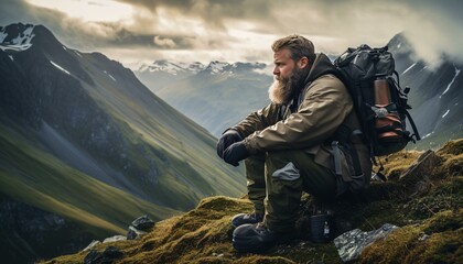 A bearded man enjoying the view from the summit of a majestic mountain