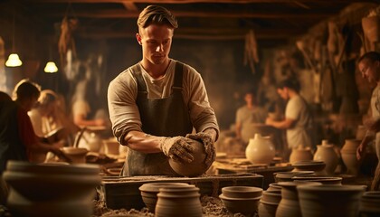 A potter creating pottery in a vibrant pottery workshop