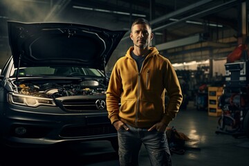 A man standing next to a car in a garage