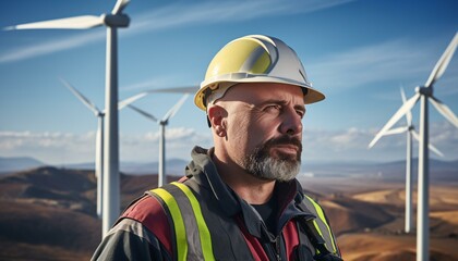 A man in a hard hat standing in front of wind turbines