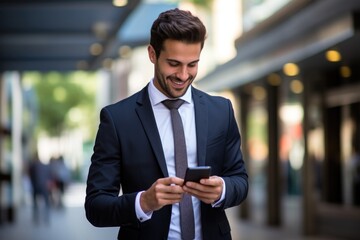 Young urban professional business man using smartphone. Businessman holding mobile smartphoneusing app texting sms message outdoor.