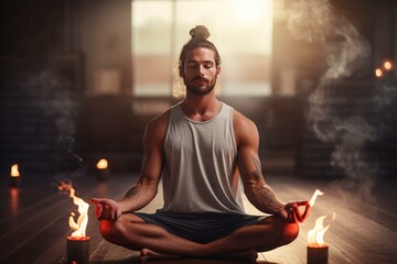 A man practicing yoga with candles in a serene setting