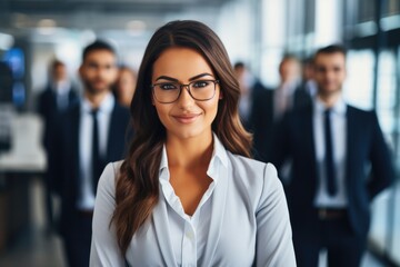 Successful businesswoman standing in creative office and looking at camera. Group of business people with businesswoman leader on foreground.
